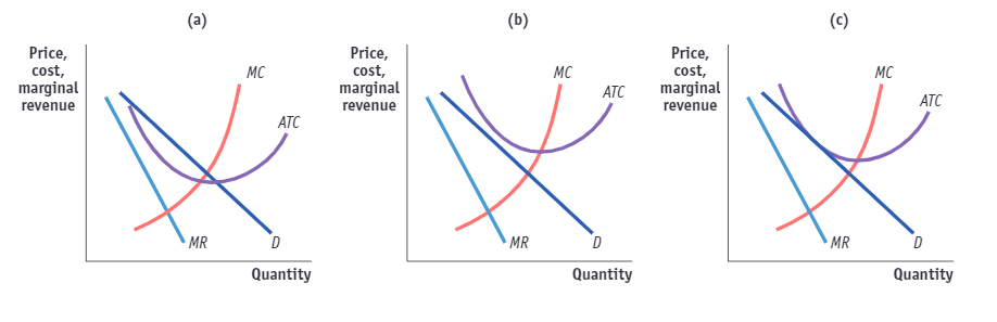 Three graphs, a, b, and c, plot Price, cost in the vertical axis versus Quantity per period in the horizontal axis. In graph a, there are two markings, labeled F and G from the top, on the vertical axis and one marking on the horizontal axis. A line labeled, M R, starts close to the top of the vertical axis and ends on the horizontal axis. A line labeled, D, starts at a point to the right and above the starting point of the previous line and ends on the right end of the horizontal axis. This line passes through the intersection of the tick mark on the horizontal axis and the marking F on the vertical axis. The intersection point is labeled L. A curve labeled, M C, is a concave up increasing curve that intersects the M R line at point N, which is directly above the tick mark on the horizontal axis. The M C curve intersects the D line at point O. A curve labeled, A T C, is a U-shaped concave up increasing curve that passes through the intersection of the tick mark on the horizontal axis and the marking G on the vertical axis. The A T C curve touches M R line at point M and intersects the D line at points K and P. The points marked on the D line from top to bottom are as follows: K, L, O, and P. In graph b, there is one marking, labeled H, on the vertical axis and one marking on the horizontal axis. A line labeled, M R, starts close to the top of the vertical axis and ends on the horizontal axis. A line labeled, D, starts at a point to the right and above the starting point of the previous line and ends on the right end of the horizontal axis. This line passes through the intersection of the tick mark on the horizontal axis and the marking H on the vertical axis. The intersection point is labeled Q. A curve labeled, M C, is a concave up increasing curve that intersects the M R line at point S, which is directly above the tick mark on the horizontal axis. The M C curve intersects the D line at point T. A curve labeled, A T C, is a U-shaped concave up increasing curve that passes through the intersection point Q. The A T C curve intersects the M C curve at point R. In graph c, there are two markings, labeled I and J from the top, on the vertical axis and one marking on the horizontal axis. A line labeled, M R, starts close to the top of the vertical axis and ends on the horizontal axis. A line labeled, D, starts at a point to the right and above the starting point of the previous line and ends on the right end of the horizontal axis. This line passes through the intersection of the tick mark on the horizontal axis and the marking J on the vertical axis. The intersection point is labeled V. A curve labeled, M C, is a concave up increasing curve that intersects the M R line at point X, which is directly above the tick mark on the horizontal axis. The M C curve intersects the D line at point W. A curve labeled, A T C, is a U-shaped concave up increasing curve that passes through the intersection of the tick mark on the horizontal axis and the marking I on the vertical axis. The intersection point is labeled T. The A T C curve intersects the M C curve at point U.