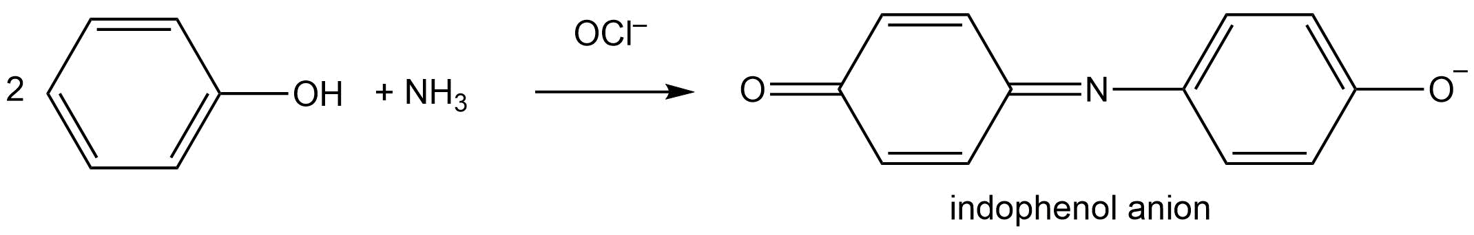 Two phenol molecules react with one ammonia molecule in the presence of hypochlorite to form one indophenol anion.